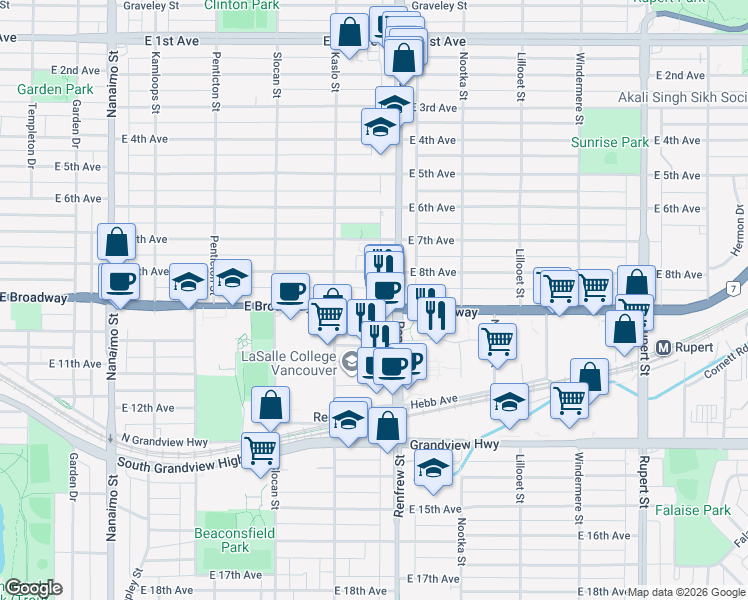 map of restaurants, bars, coffee shops, grocery stores, and more near in Vancouver