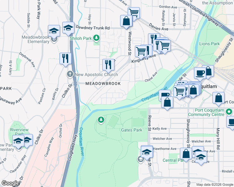 map of restaurants, bars, coffee shops, grocery stores, and more near 3000 Riverbend Drive in Coquitlam