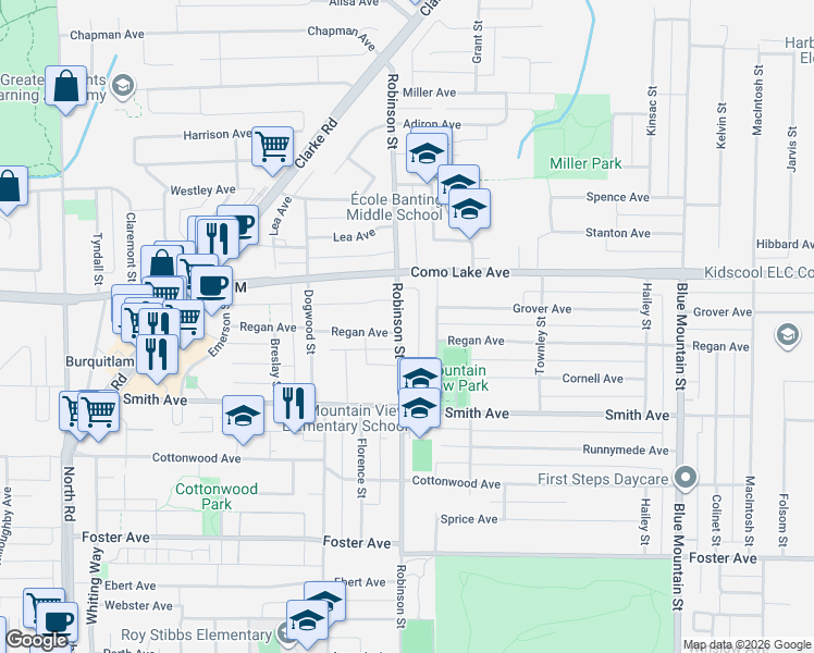 map of restaurants, bars, coffee shops, grocery stores, and more near 737 Robinson Street in Coquitlam