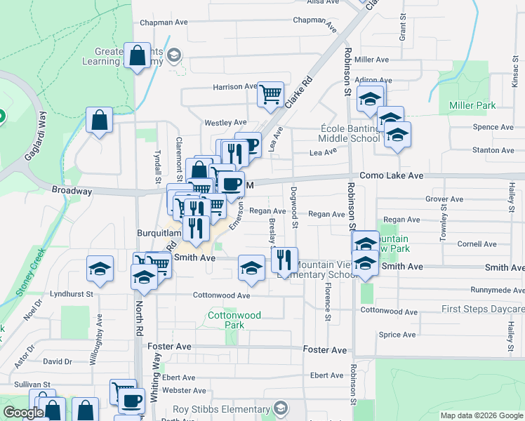 map of restaurants, bars, coffee shops, grocery stores, and more near Regan Avenue in Coquitlam
