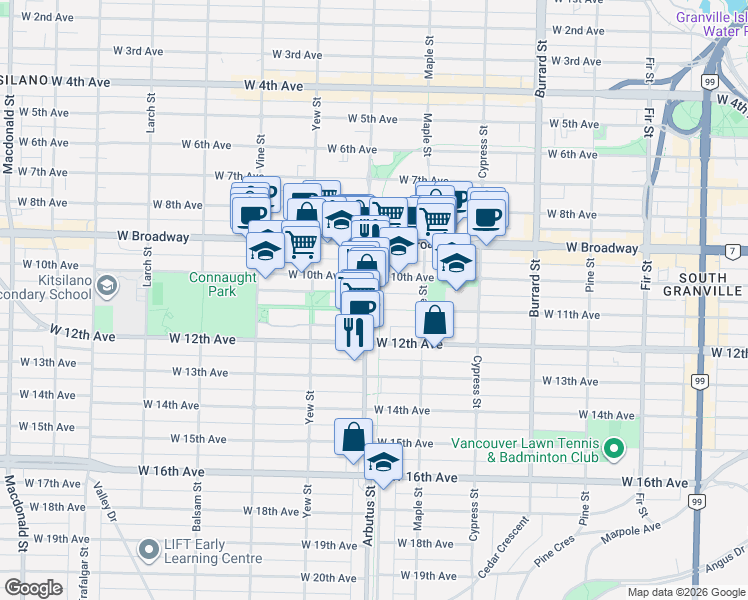 map of restaurants, bars, coffee shops, grocery stores, and more near 2680 Arbutus Street in Vancouver