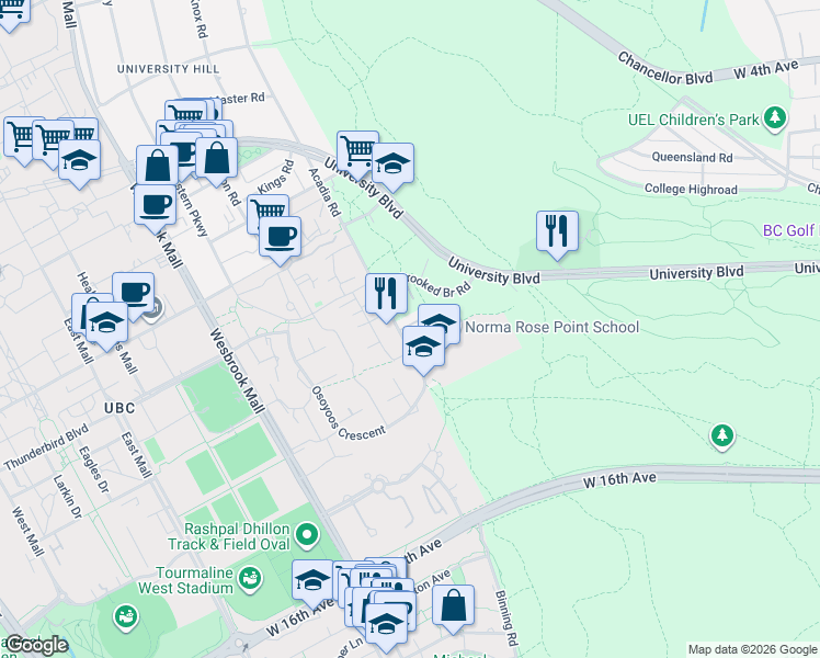 map of restaurants, bars, coffee shops, grocery stores, and more near 2780 Acadia Road in University Endowment Lands