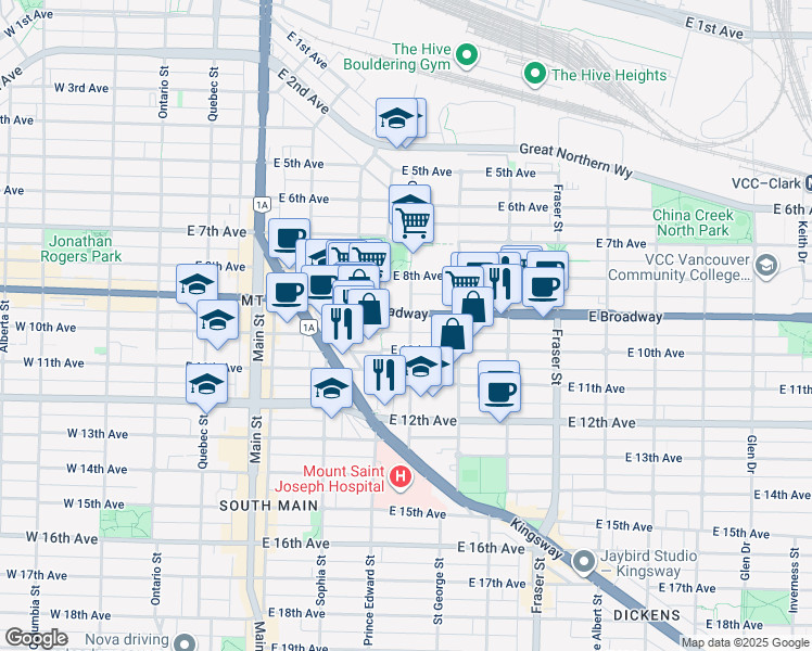 map of restaurants, bars, coffee shops, grocery stores, and more near in Vancouver