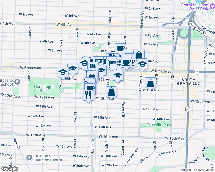 map of restaurants, bars, coffee shops, grocery stores, and more near in Vancouver