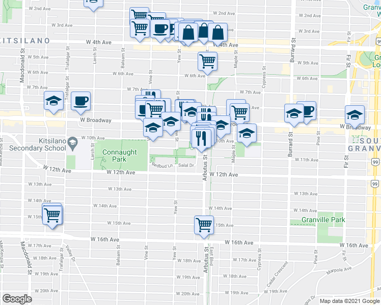 map of restaurants, bars, coffee shops, grocery stores, and more near 101 Salal Drive in Vancouver