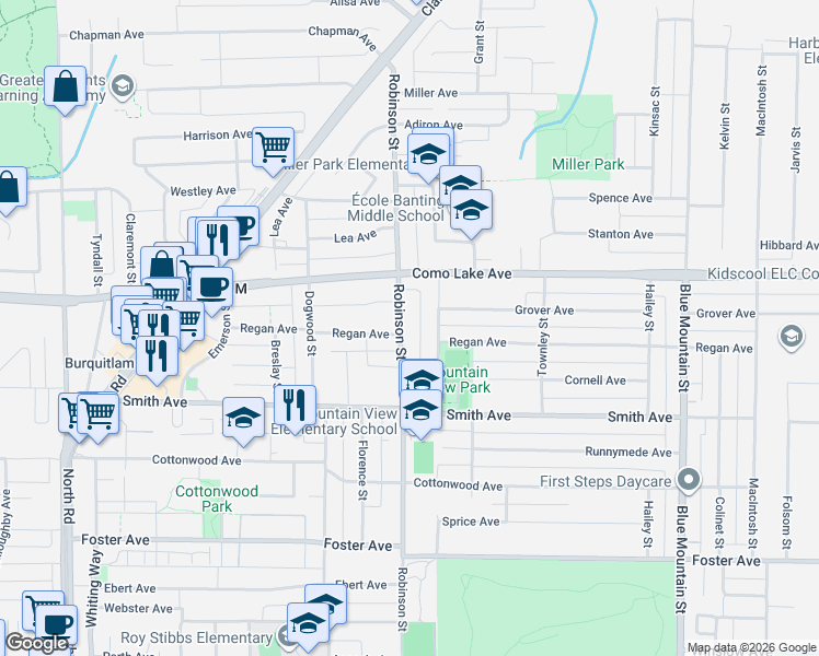 map of restaurants, bars, coffee shops, grocery stores, and more near 737 Robinson Street in Coquitlam
