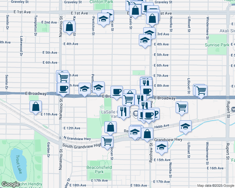 map of restaurants, bars, coffee shops, grocery stores, and more near 2731 East Broadway in Vancouver