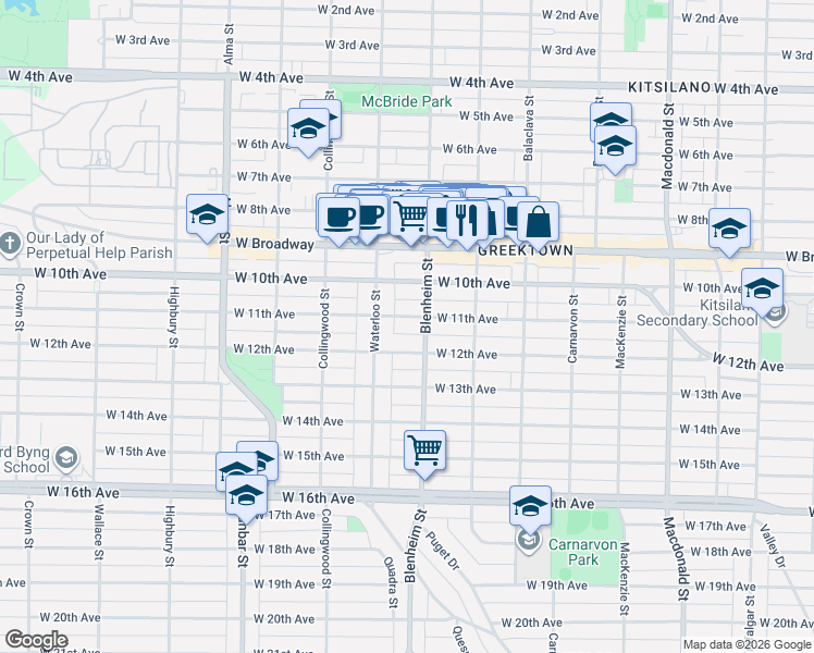 map of restaurants, bars, coffee shops, grocery stores, and more near 3346 West 11th Avenue in Vancouver