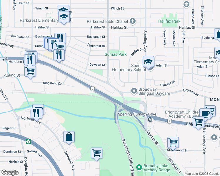 map of restaurants, bars, coffee shops, grocery stores, and more near 6514 Broadway in Burnaby