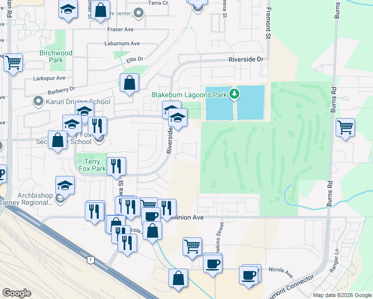 map of restaurants, bars, coffee shops, grocery stores, and more near 953 Dominion Avenue in Port Coquitlam
