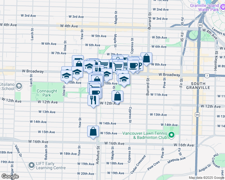 map of restaurants, bars, coffee shops, grocery stores, and more near 2687 Maple Street in Vancouver