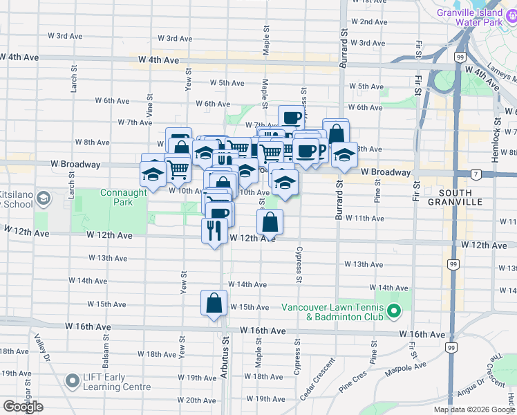 map of restaurants, bars, coffee shops, grocery stores, and more near 2687 Maple Street in Vancouver