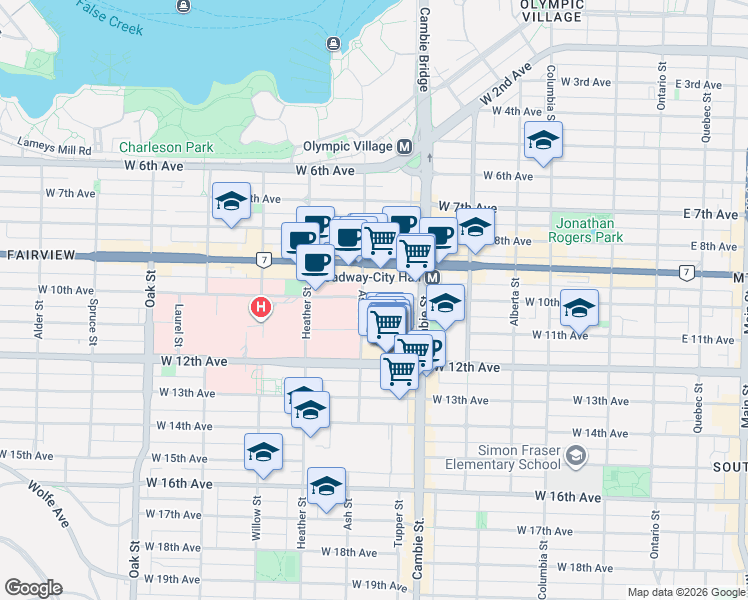 map of restaurants, bars, coffee shops, grocery stores, and more near in Vancouver