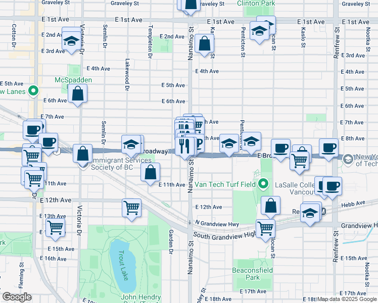 map of restaurants, bars, coffee shops, grocery stores, and more near Nanaimo Street & East Broadway in Vancouver