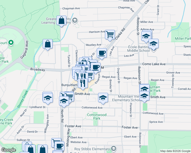 map of restaurants, bars, coffee shops, grocery stores, and more near 570 Emerson Street in Coquitlam