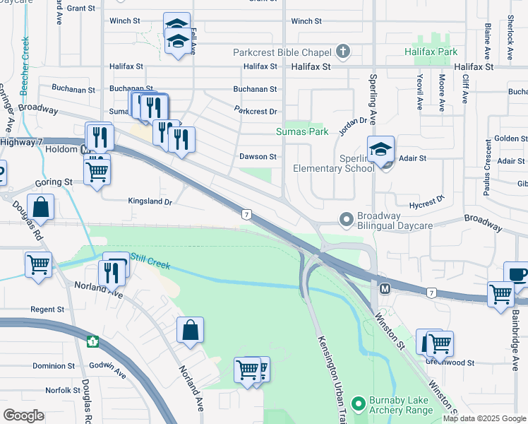 map of restaurants, bars, coffee shops, grocery stores, and more near 6391 Lougheed Highway in Burnaby