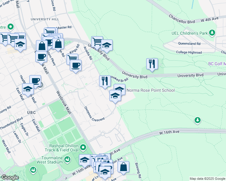map of restaurants, bars, coffee shops, grocery stores, and more near 2780 Acadia Road in Vancouver