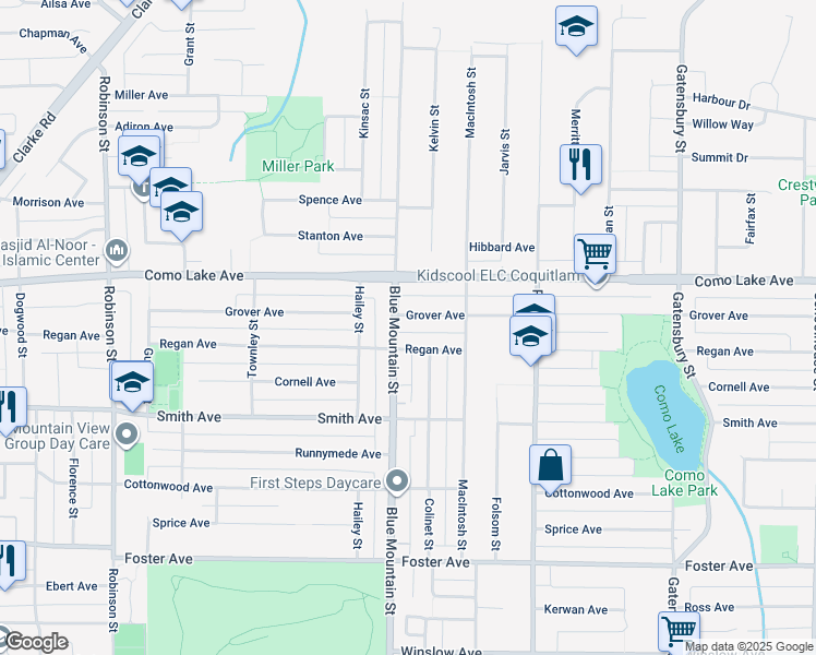 map of restaurants, bars, coffee shops, grocery stores, and more near 741 Blue Mountain Street in Coquitlam