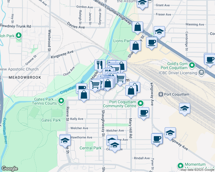 map of restaurants, bars, coffee shops, grocery stores, and more near 104-2571 Shaughnessy Street in Port Coquitlam