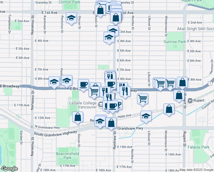 map of restaurants, bars, coffee shops, grocery stores, and more near in Vancouver