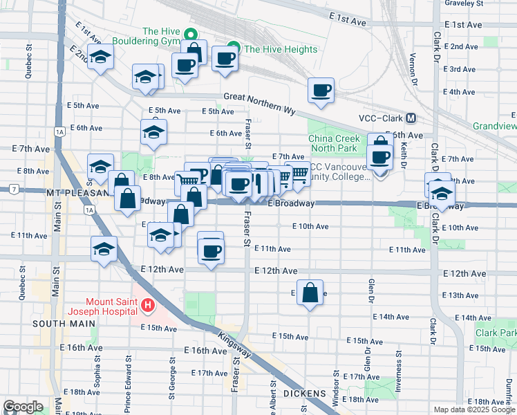 map of restaurants, bars, coffee shops, grocery stores, and more near 724 East Broadway in Vancouver