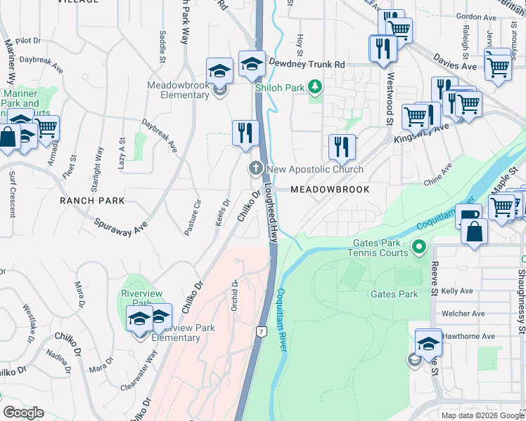 map of restaurants, bars, coffee shops, grocery stores, and more near 798 Chilko Drive in Coquitlam