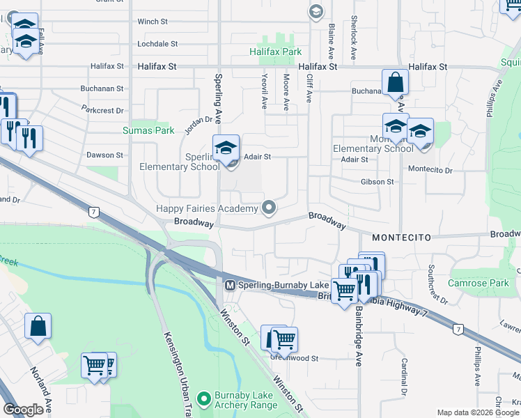 map of restaurants, bars, coffee shops, grocery stores, and more near 6860 Hycrest Drive in Burnaby