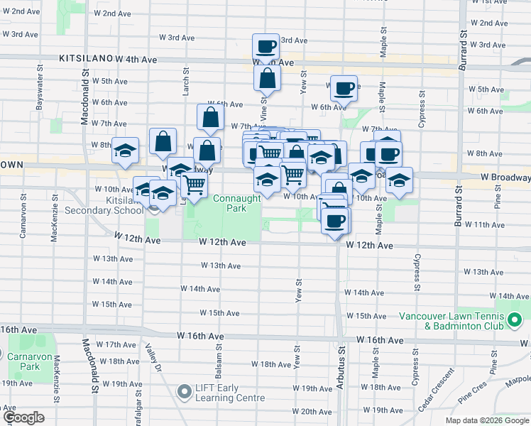 map of restaurants, bars, coffee shops, grocery stores, and more near 2688 Vine Street in Vancouver