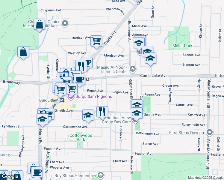 map of restaurants, bars, coffee shops, grocery stores, and more near 701 Regan Avenue in Coquitlam