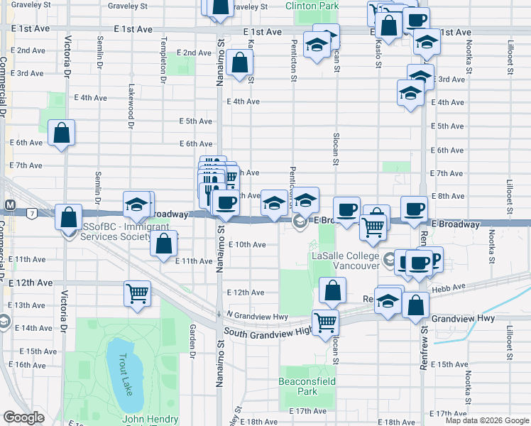 map of restaurants, bars, coffee shops, grocery stores, and more near 2535 East Broadway in Vancouver