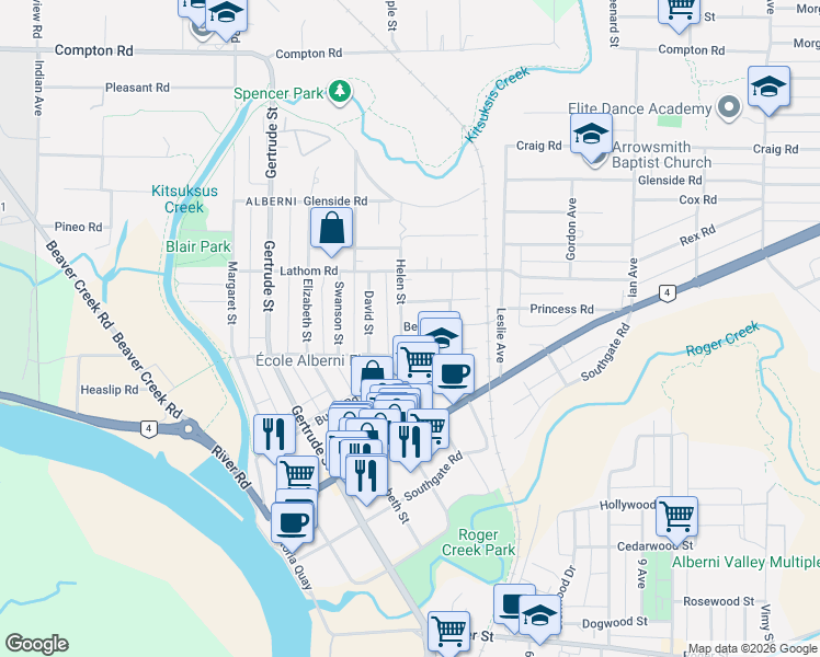 map of restaurants, bars, coffee shops, grocery stores, and more near 4586 Beale Street in Port Alberni