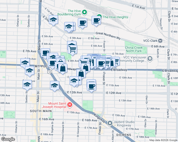map of restaurants, bars, coffee shops, grocery stores, and more near 550 East Broadway in Vancouver
