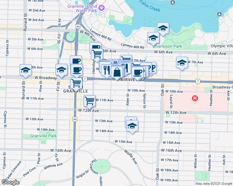 map of restaurants, bars, coffee shops, grocery stores, and more near 1312 British Columbia 7 in Vancouver
