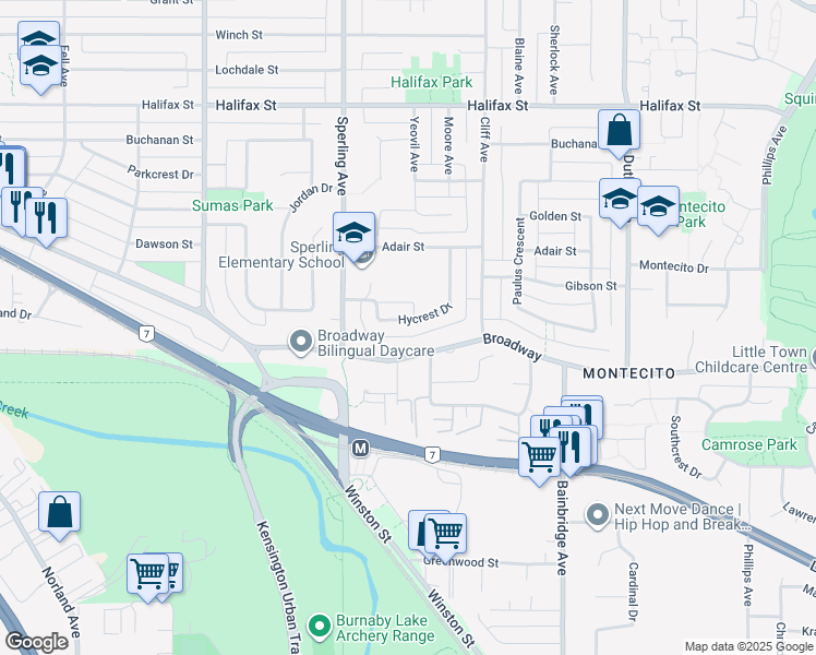map of restaurants, bars, coffee shops, grocery stores, and more near 6860 Hycrest Drive in Burnaby