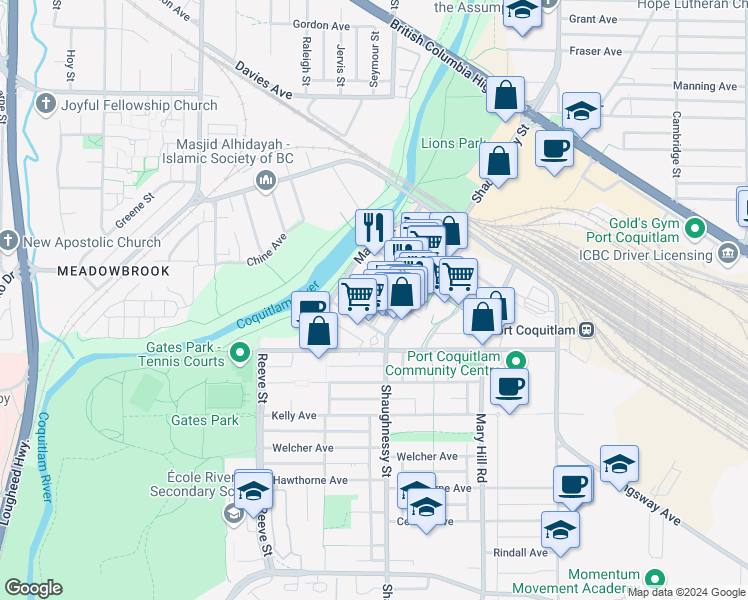 map of restaurants, bars, coffee shops, grocery stores, and more near 104-2571 Shaughnessy Street in Port Coquitlam