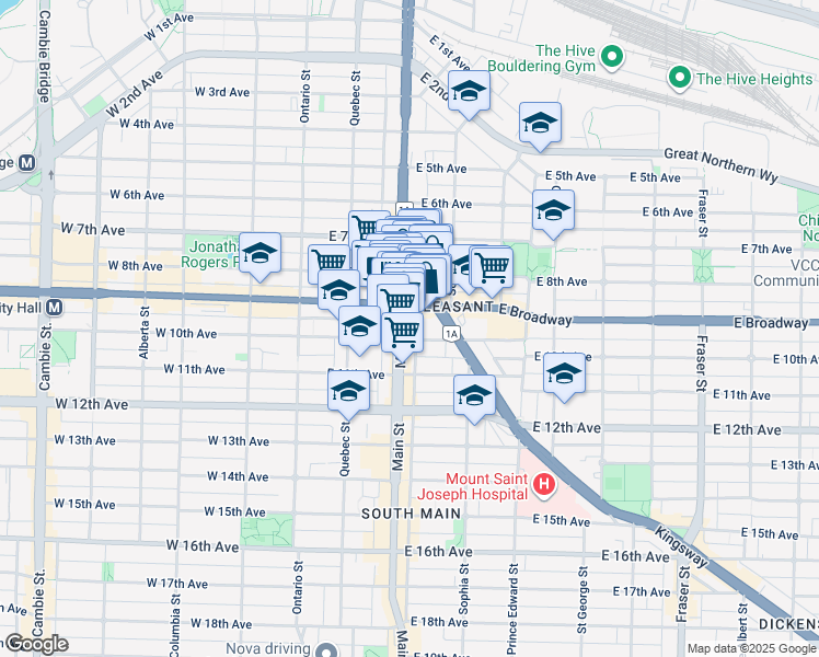 map of restaurants, bars, coffee shops, grocery stores, and more near 2414 Main Street in Vancouver
