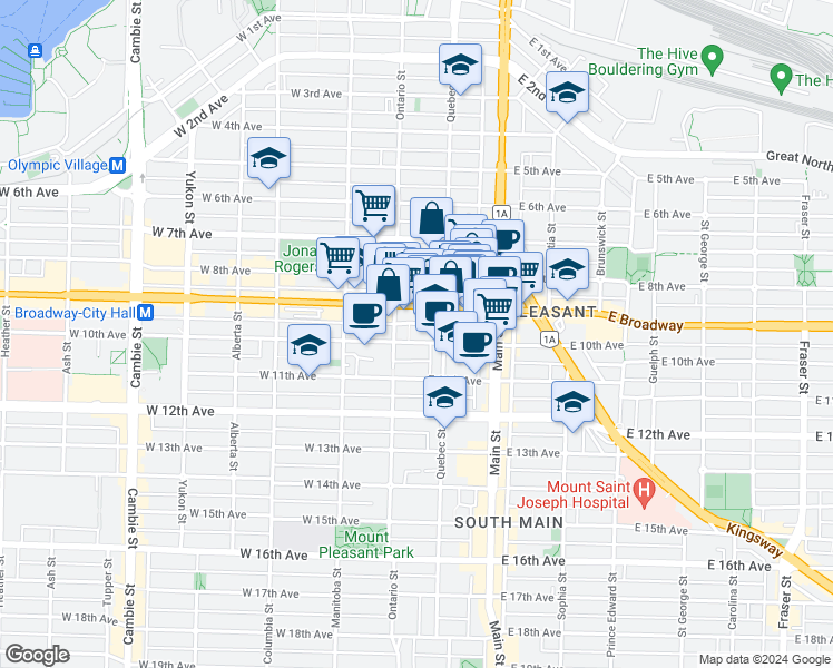 map of restaurants, bars, coffee shops, grocery stores, and more near in Vancouver