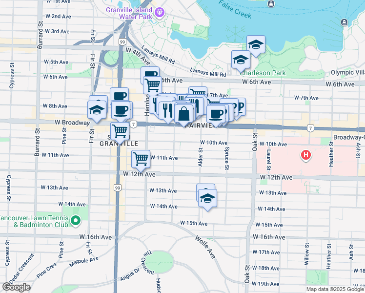 map of restaurants, bars, coffee shops, grocery stores, and more near 1312 British Columbia 7 in Vancouver