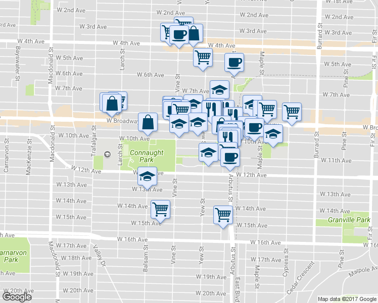 map of restaurants, bars, coffee shops, grocery stores, and more near in Vancouver