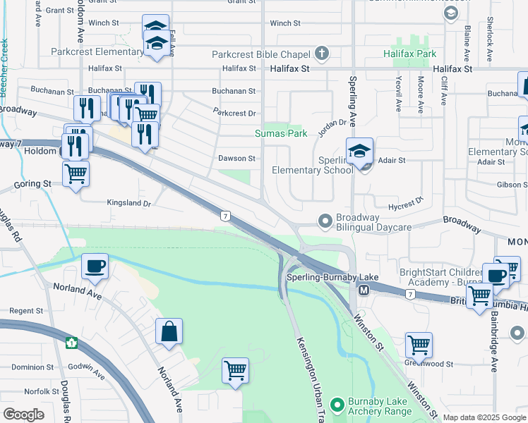 map of restaurants, bars, coffee shops, grocery stores, and more near 6506 Broadway in Burnaby