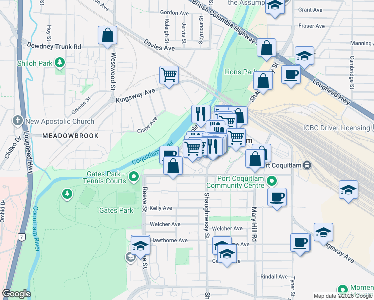 map of restaurants, bars, coffee shops, grocery stores, and more near 2353 Marpole Avenue in Port Coquitlam