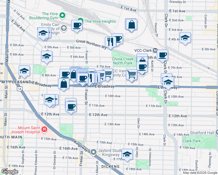 map of restaurants, bars, coffee shops, grocery stores, and more near 862 East Broadway in Vancouver