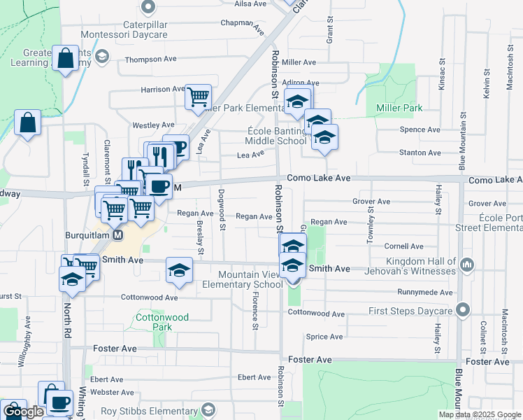 map of restaurants, bars, coffee shops, grocery stores, and more near 725 Regan Avenue in Coquitlam