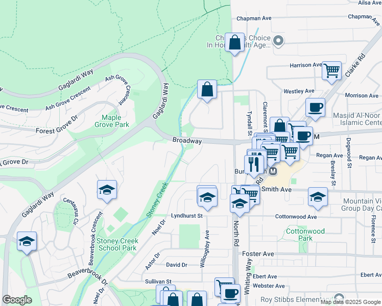map of restaurants, bars, coffee shops, grocery stores, and more near 2475 Norcrest Court in Burnaby