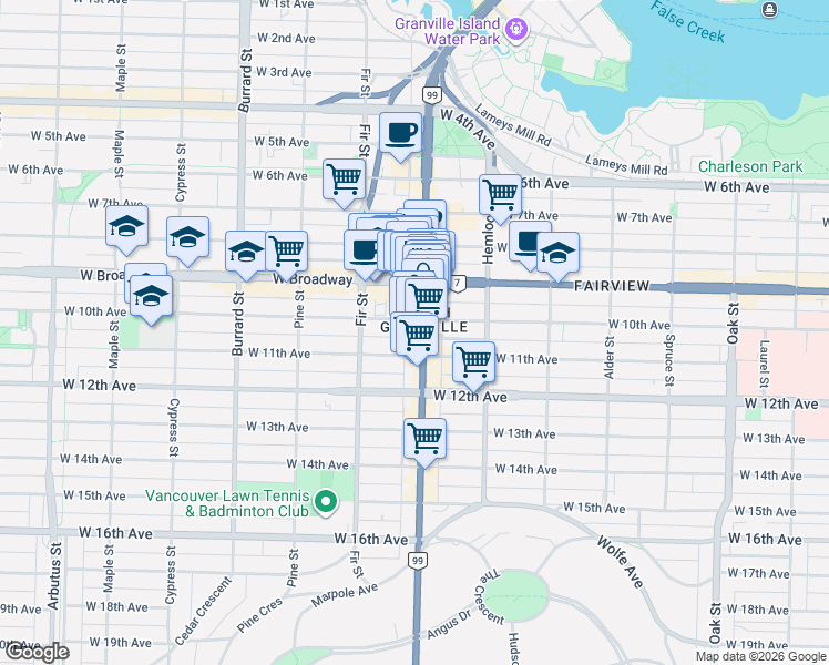 map of restaurants, bars, coffee shops, grocery stores, and more near 2623 Granville Street in Vancouver