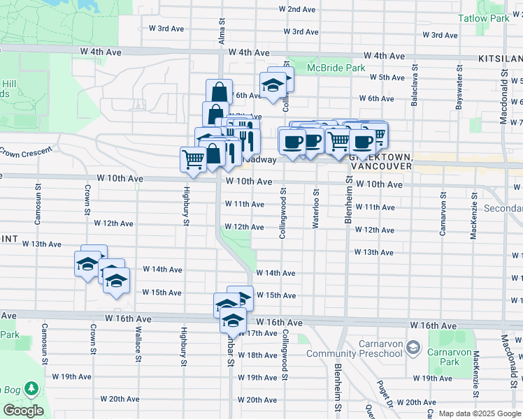 map of restaurants, bars, coffee shops, grocery stores, and more near 3566 West 11th Avenue in Vancouver
