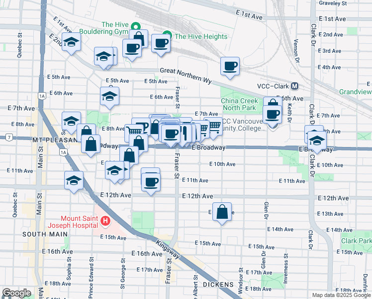 map of restaurants, bars, coffee shops, grocery stores, and more near 724 East Broadway in Vancouver