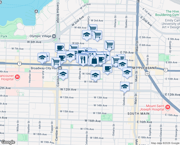 map of restaurants, bars, coffee shops, grocery stores, and more near 2544 Columbia Street in Vancouver