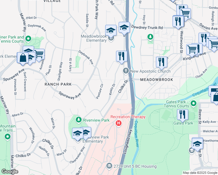 map of restaurants, bars, coffee shops, grocery stores, and more near 2909 Keets Drive in Coquitlam
