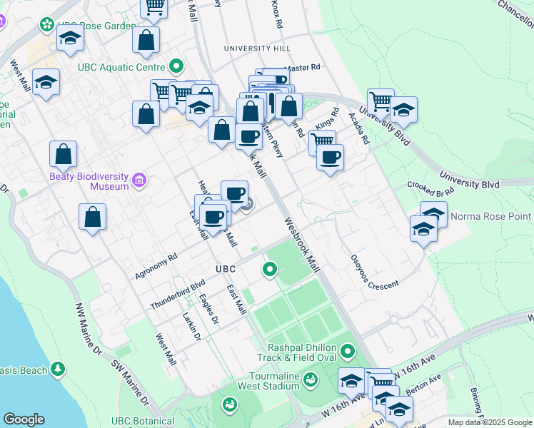 map of restaurants, bars, coffee shops, grocery stores, and more near 2333 Wesbrook Mall in Vancouver